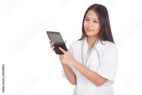 Asian young female doctor smile touch tablet pc