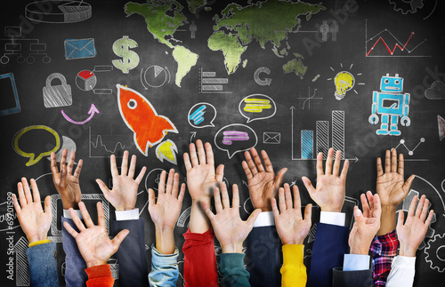 Group of Diverse Hands Raised with Symbols photo