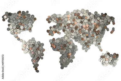 Map made of coins isolated on white background