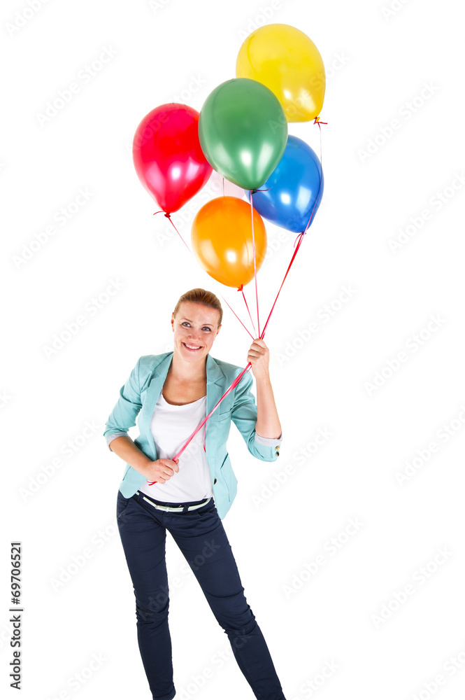 woman with balloons over white background smiling woman with balloons over white background smiling