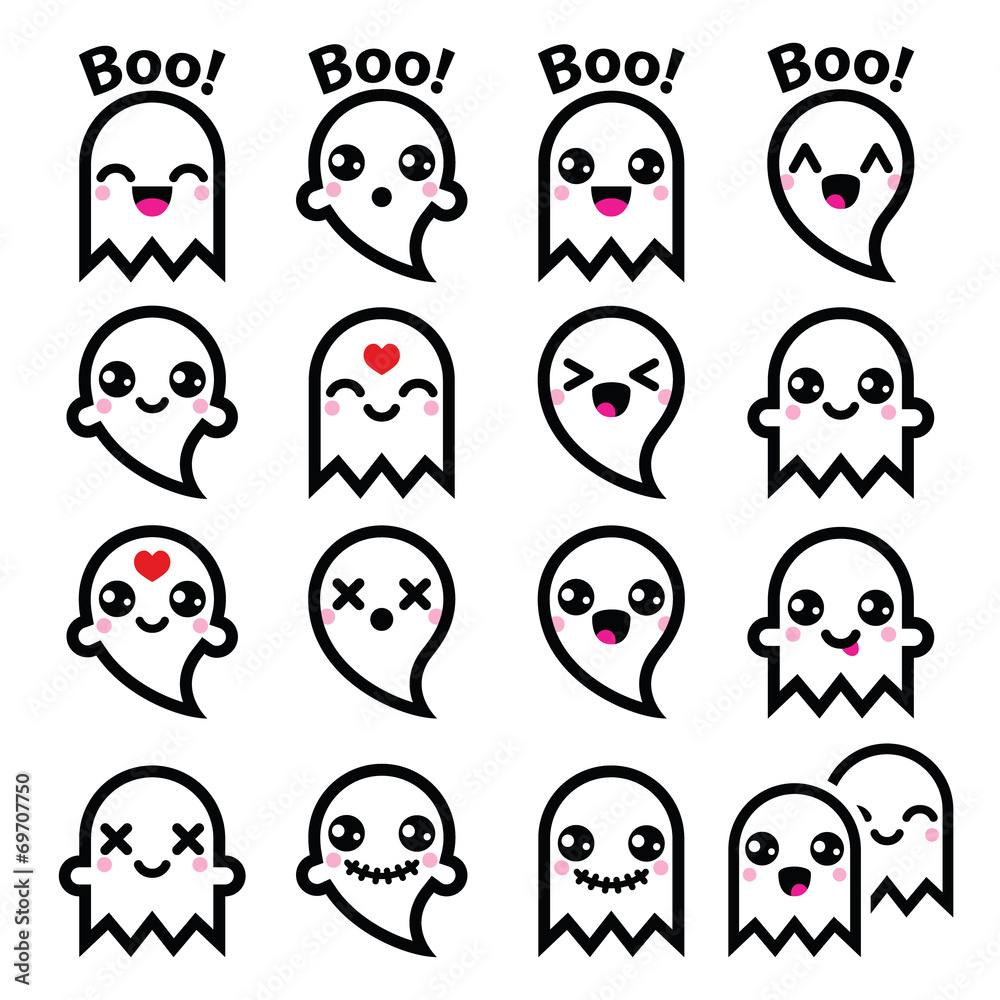 Kawaii cute ghost for Halloween icons set Kawaii cute ghost for Halloween icons set