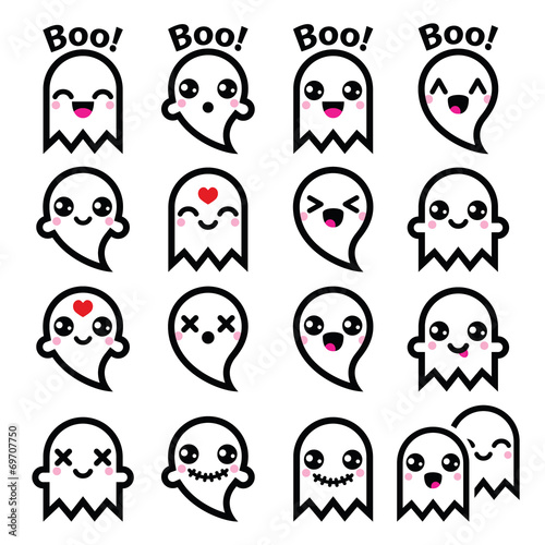 Kawaii cute ghost for Halloween icons set