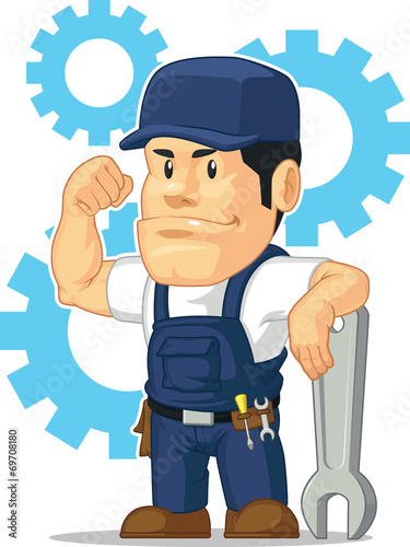 Cartoon of Strong Mechanic with Wrench