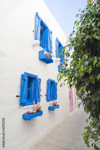 Detail from Bodrum architecture, whitewashed houses with usually blue or colorful windows. Bodrum is a popular summer destination in Turkey.