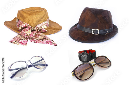 Women's and men's hats and Brown sunglasses on white