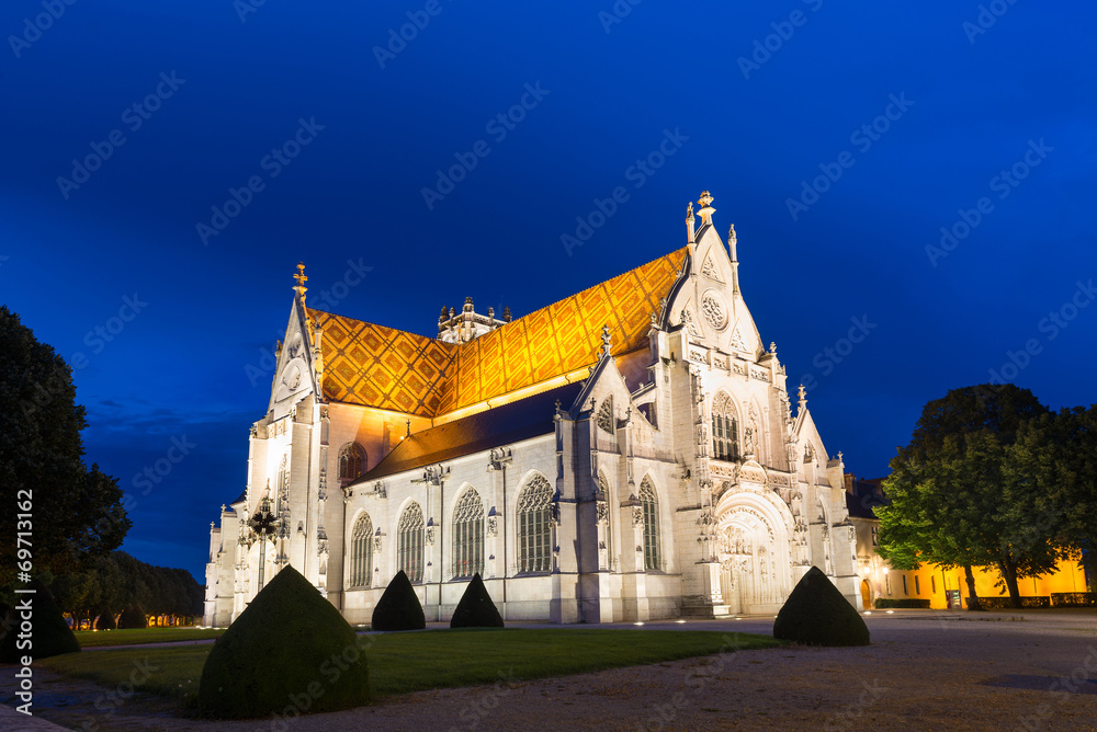 Royal Monastery of Brou at dusk. Bourg-en-Bresse, France.