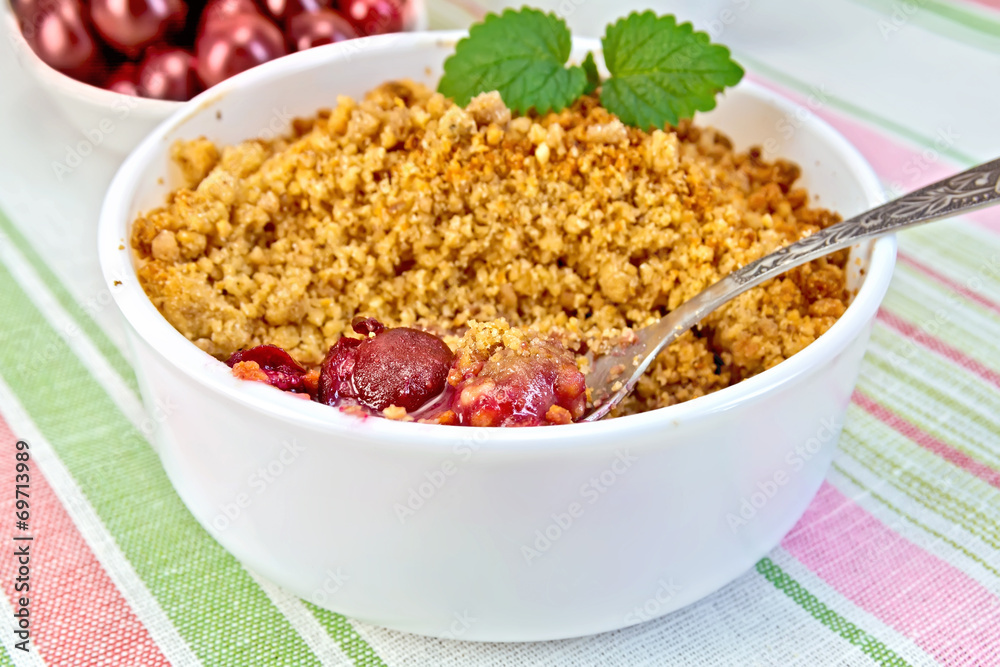Crumble cherry with berries on napkin Crumble cherry with berries on napkin
