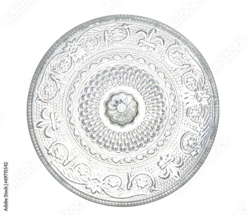plate made of transparent glass with patterns, isolated on white