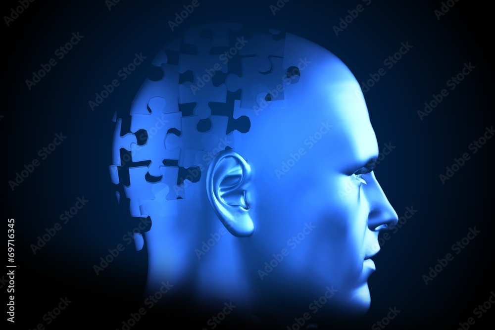Blue jigsaw head with missing pieces Blue jigsaw head with missing pieces