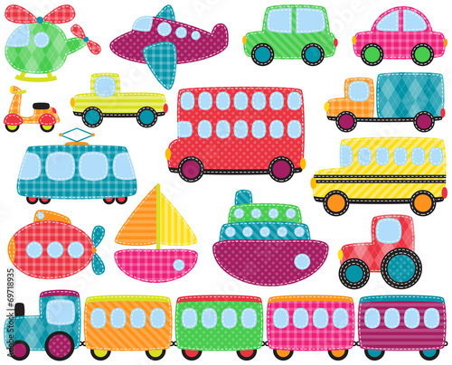 Vector Collection of Cute Patchwork Style Transportation Images