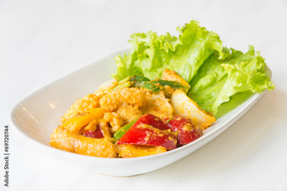 Stir fried squid with salted egg yolk. Stir fried squid with salted egg yolk.