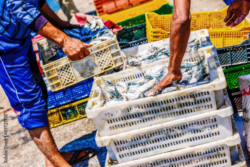 Fishermen arranging containers with fish