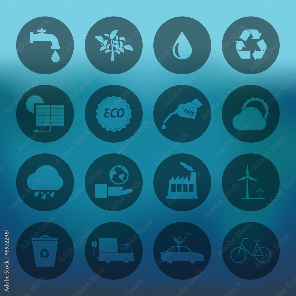 Blue background with circle Eco icons set Blue background with circle Eco icons set