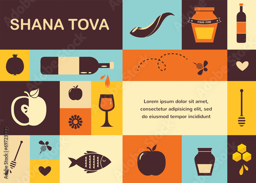 set of Jewish new year icons.  Happy New Year in Hebrew