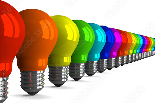 Many tungsten light bulbs of rainbow colors, perspective view