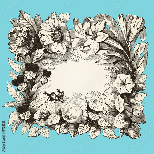 cadre fleurs sur fond bleu