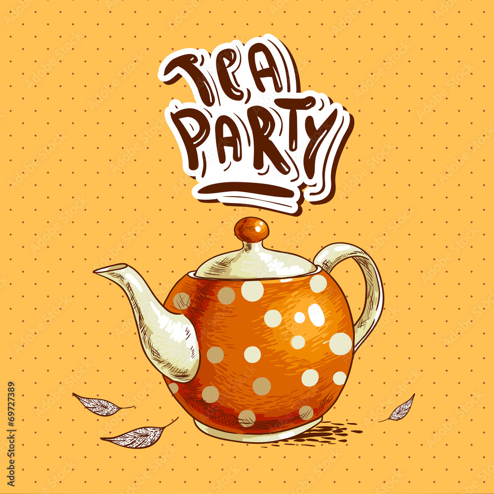 Tea party invitation card with a Cups and Pot - obrazy, fototapety, plakaty 