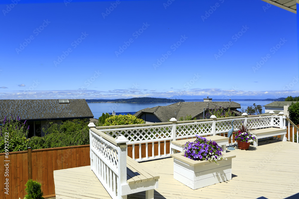 Beautiful deck with scenic bay view