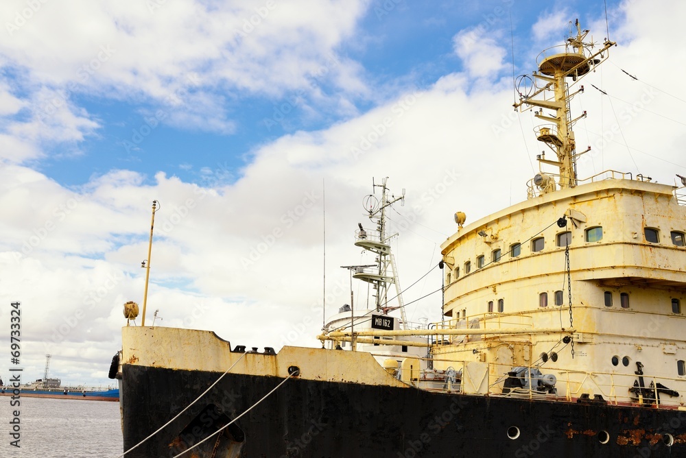 Fototapeta premium Front view of moored big ship in Russia