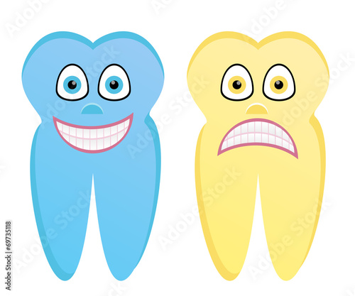 Vector cartoon illustration of healthy tooth and rotten tooth
