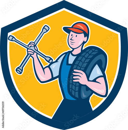 Mechanic With Tire Wrench Shield Cartoon