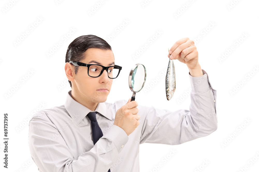 Man examining a fish through a magnifying glass Man examining a fish through a magnifying glass