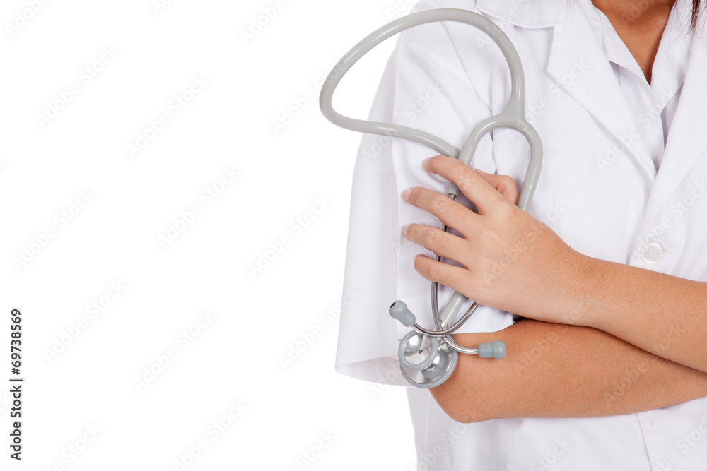 Close up of stethoscope in hand of Asian female doctor Close up of stethoscope in hand of Asian female doctor