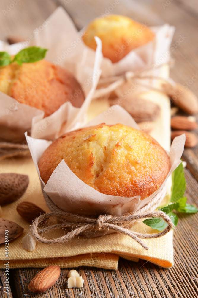 Tasty cupcakes on table close-up