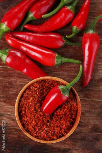 Milled red chili pepper in bowl on wooden background