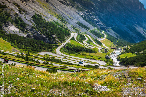 serpentine mountain road in Italian Alps, Stelvio pass, Passo de