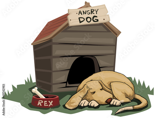 Cute Dog sleeping, with angry dog sign next to him