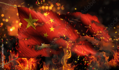 Photography China Burning Fire Flag War Conflict Night 3D