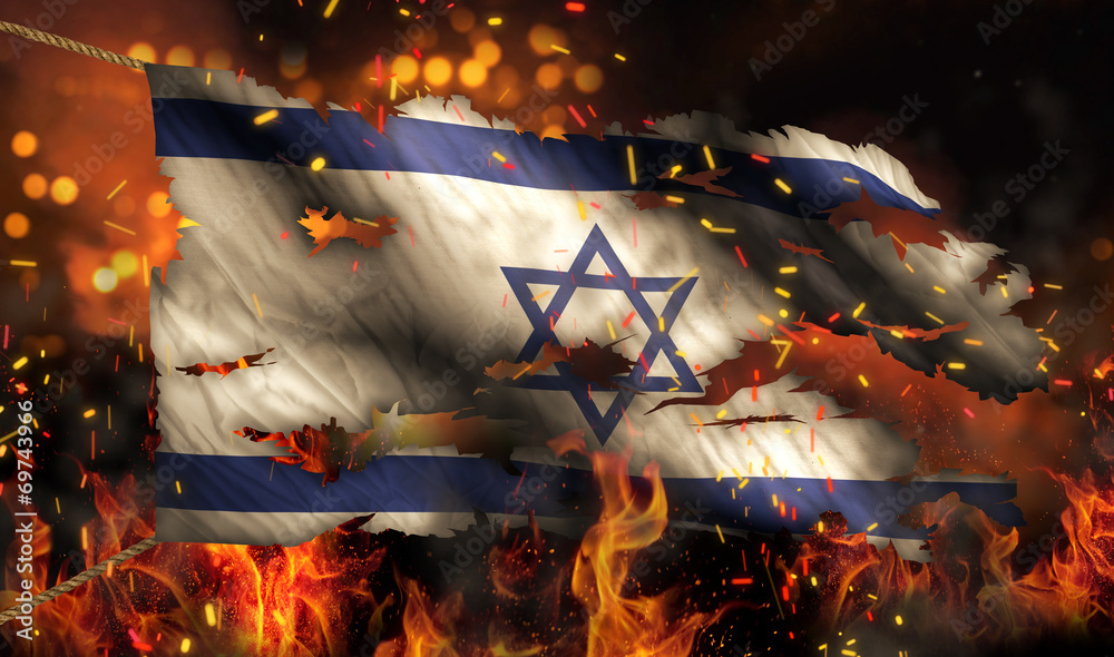 Israel Burning Fire Flag War Conflict Night 3D Stock Illustration 