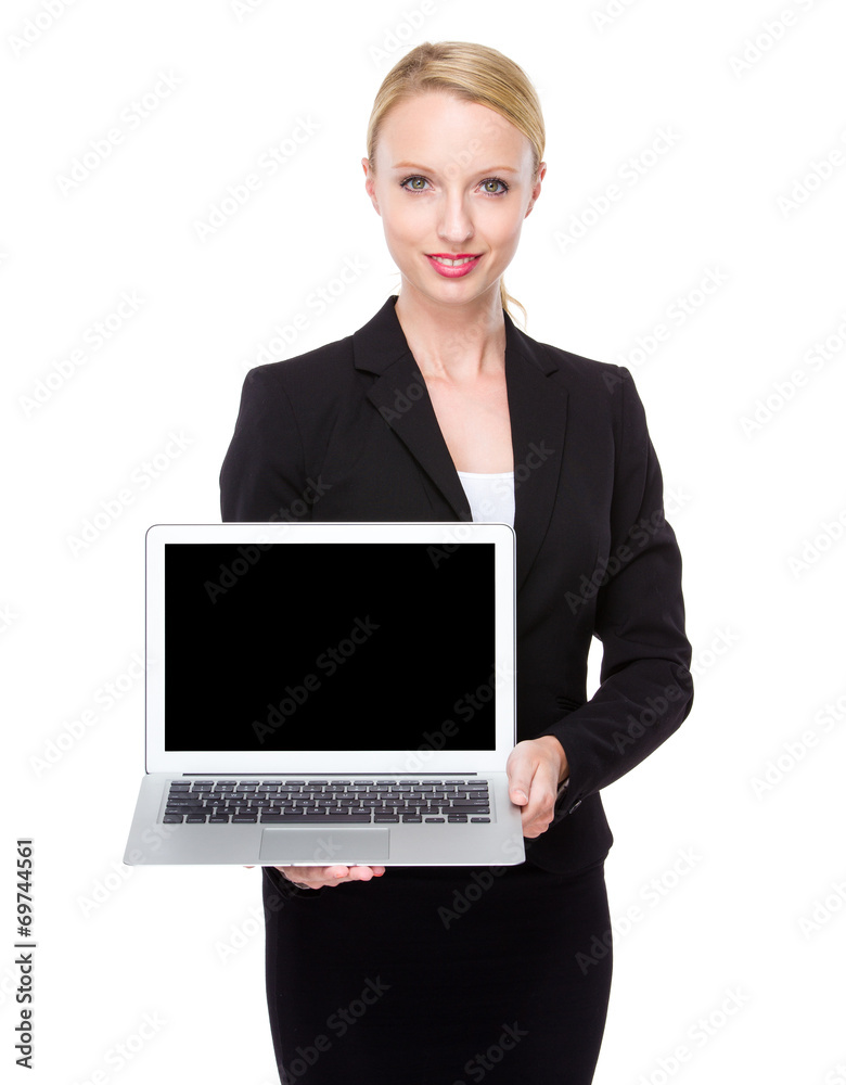 Businesswoman show blank screen of laptop computer Businesswoman show blank screen of laptop computer