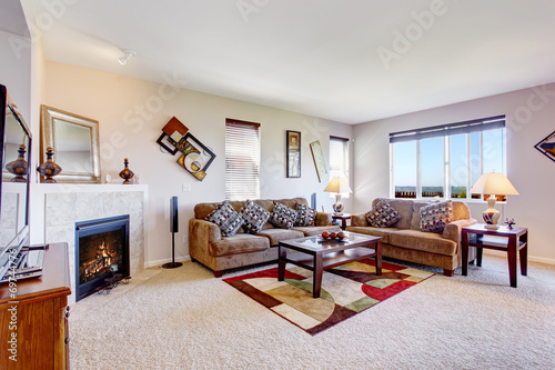 White living room with fireplace and colorful rug