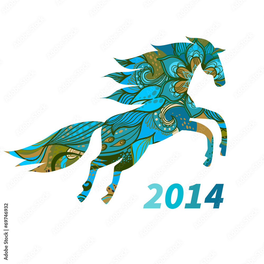 Obraz Koń, ozdobiony niebieskimi kwiatami.