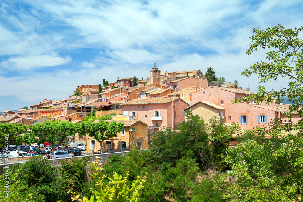 Roussillon village against cloudy sky, Provence, France