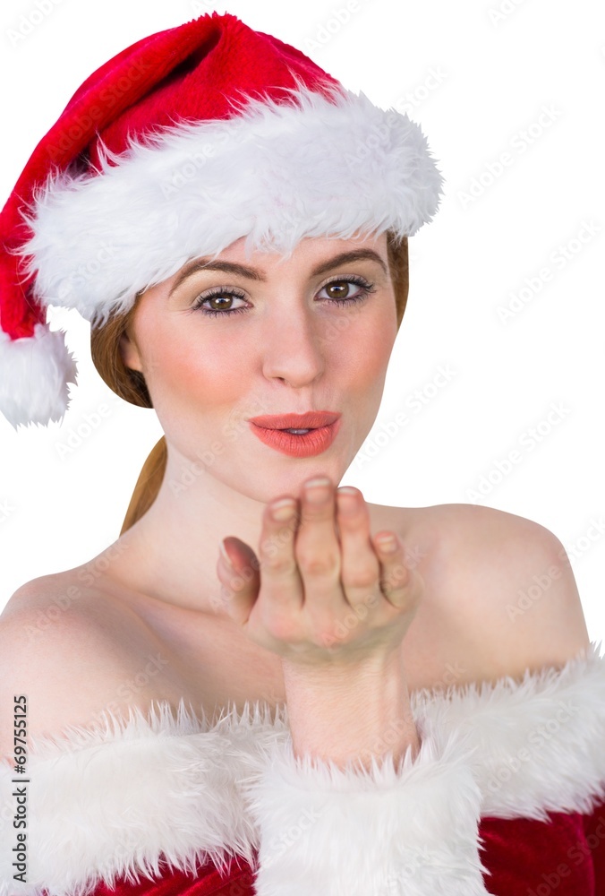Pretty girl in santa costume holding hand out Pretty girl in santa costume holding hand out