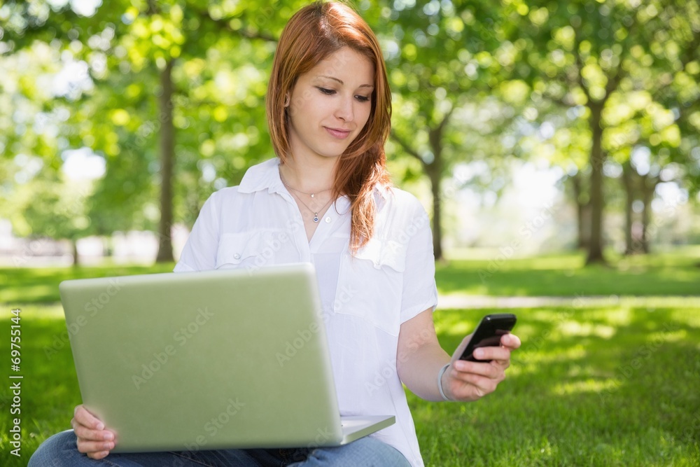 Pretty redhead using her laptop while texting in the park Pretty redhead using her laptop while texting in the park