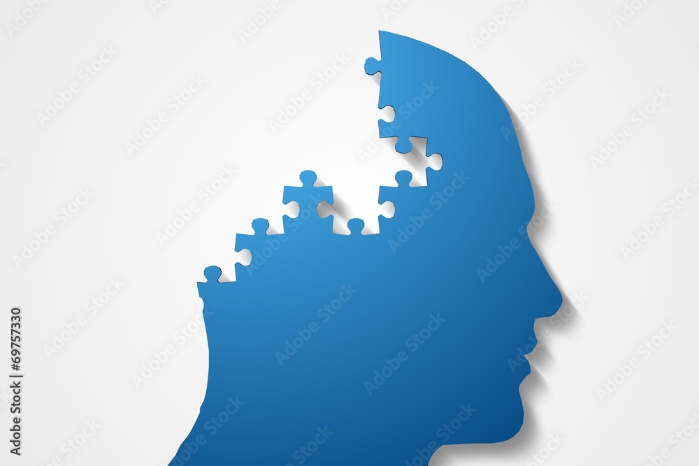 Blue jigsaw head with missing pieces Blue jigsaw head with missing pieces