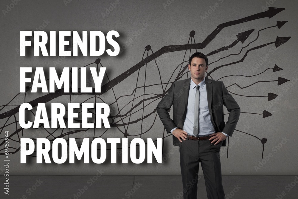 Composite image of serious businessman with hands on hips Composite image of serious businessman with hands on hips