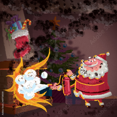 Santa Claus cartoon scene trying to control fire in fireplace