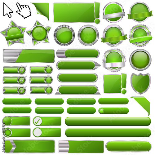 Collection of colorful green glossy 3d vector buttons
