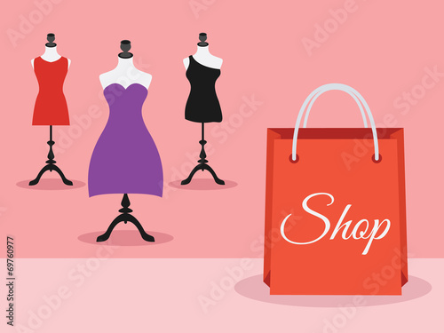 Mannequins with dresses and shopping bag, vector
