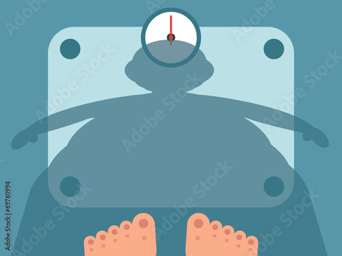 Fat man measuring weight on bathroom scale, vector