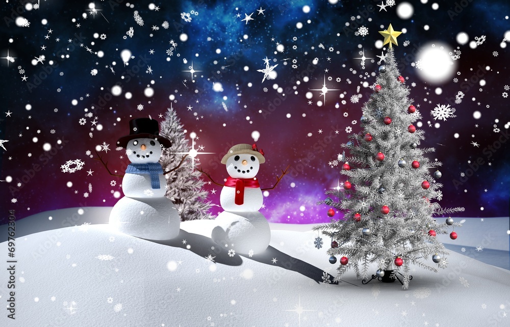 Obraz premium Composite image of christmas tree and snowmen