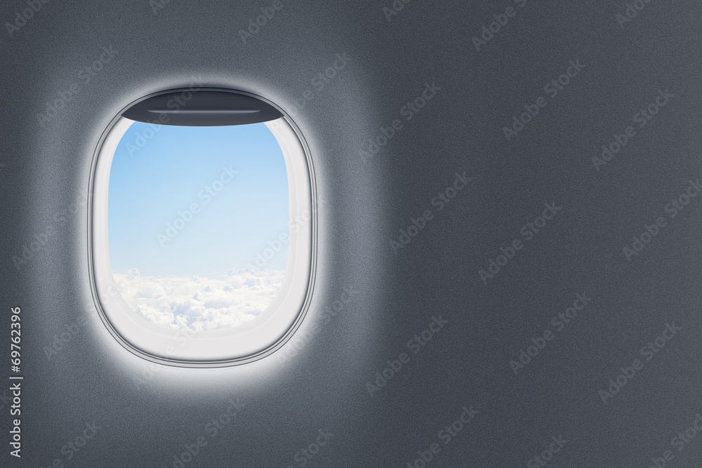 Airplane or jet window on wall with blank space Airplane or jet window on wall with blank space