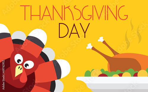 Thanksgiving turkey with dinner vector card