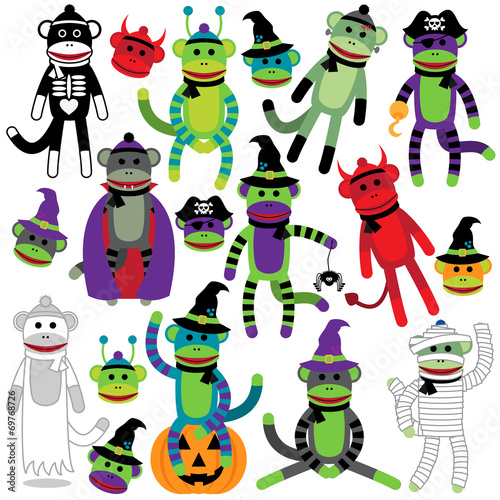 Vector Collection of Adorable Halloween Themed Sock Monkeys