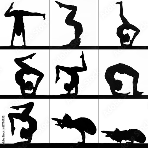 Collage silhouette women contortionist practicing gymnastic yoga